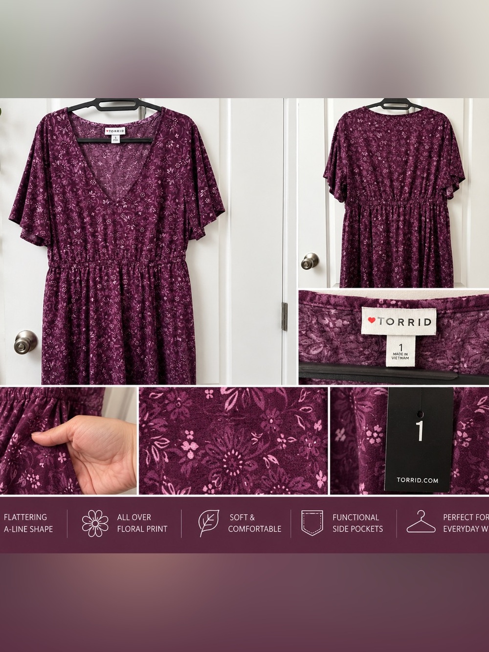 Torrid Floral Flutter Sleeve Midi Dress Purple Size 1 Pockets